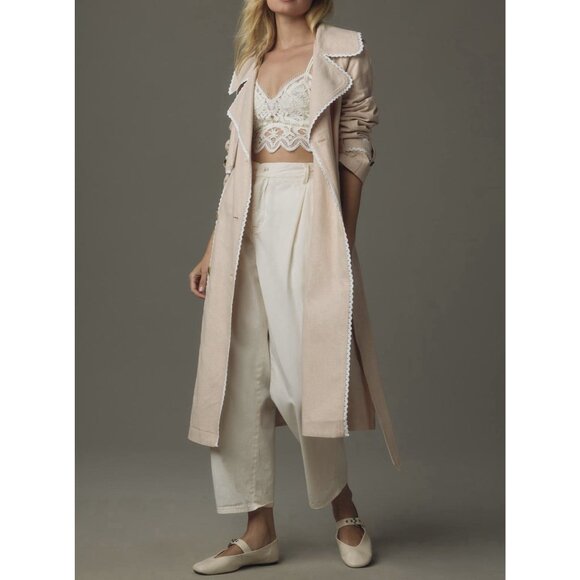 Avec Les Filles Anthropologie Rickrack Trench coat Beige Large Cotton Linen Lace - Picture 4 of 16